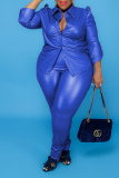 Blue Sexy Solid Patchwork Turndown Collar Plus Size Two Pieces