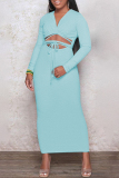 Light Blue Fashion Casual Solid Leopard Bandage Hollowed Out V Neck Long Sleeve Dresses