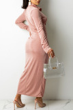 Khaki Casual Solid Patchwork Buckle Fold Turndown Collar Shirt Dress Dresses