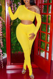 Yellow Fashion Casual Solid Backless Slit Oblique Collar Long Sleeve Two Pieces