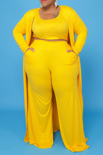 Yellow Casual Solid Patchwork U Neck Plus Size Two Pieces