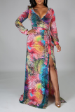 Multicolor Sexy Print Patchwork V Neck Irregular Dress Dresses