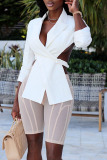 White Work Solid Hollowed Out Patchwork Asymmetrical Turn-back Collar Outerwear