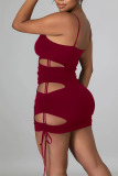 Pink Sexy Solid Ripped Hollowed Out Patchwork Spaghetti Strap Sling Dress Dresses