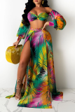 Multicolor Sexy Print Patchwork Strapless Long Sleeve Two Pieces