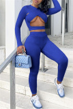 Blue Fashion Sexy Solid Hollowed Out V Neck Long Sleeve Two Pieces