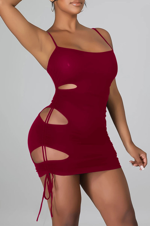 Burgundy Sexy Solid Ripped Hollowed Out Patchwork Spaghetti Strap Sling Dress Dresses