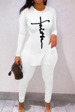 White Casual Print Patchwork Slit O Neck Long Sleeve Two Pieces