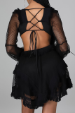 Black Sexy Print Mesh V Neck Cake Skirt Dresses
