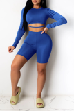 Colorful Blue Sexy Patchwork O Neck Long Sleeve Two Pieces