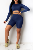 Colorful Blue Sexy Patchwork O Neck Long Sleeve Two Pieces