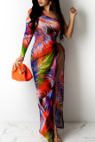 Multicolor Sexy Print Patchwork Asymmetrical Oblique Collar Dresses