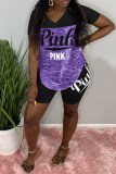 Purple Casual Print Patchwork V Neck Short Sleeve Two Pieces