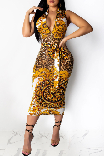 Yellow Sexy Casual Print Basic Zipper Collar Sleeveless Dress