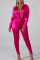 Rose Red Sexy Solid Patchwork Turndown Collar Long Sleeve Two Pieces