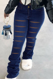 Deep Blue Street Solid Ripped Split Joint High Waist Boot Cut Denim Jeans