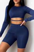 Royal Blue Sexy Split Joint O Neck Long Sleeve Two Pieces