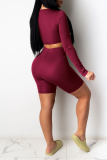 Burgundy Sexy Patchwork O Neck Long Sleeve Two Pieces