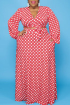 Red Casual Print Polka Dot Bandage Split Joint V Neck Straight Plus Size Two Pieces