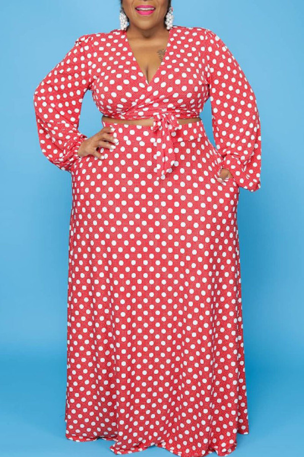 Red Casual Print Polka Dot Bandage Patchwork V Neck Straight Plus Size Two Pieces