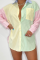Powder Blue Casual Solid Patchwork Turndown Collar Tops