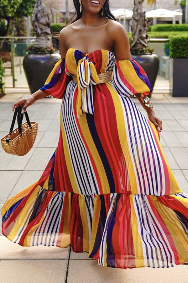 Stripe Sexy Striped Patchwork Off the Shoulder Cake Skirt Dresses