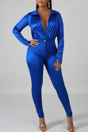 Royal Blue Sexy Solid Split Joint Turndown Collar Long Sleeve Two Pieces