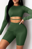 Army Green Sexy Patchwork O Neck Long Sleeve Two Pieces