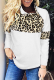 White Casual Leopard Patchwork Asymmetrical Collar Tops