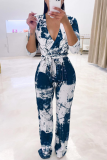 Purple Casual Patchwork Tie-dye V Neck Straight Jumpsuits