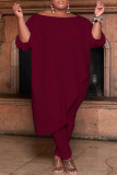 Burgundy Fashion Casual Solid Asymmetrical Oblique Collar Plus Size Two Pieces