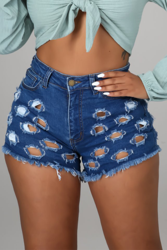 The cowboy blue Sexy Solid Ripped Mid Waist Skinny Denim Shorts