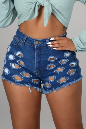 The cowboy blue Sexy Solid Ripped Mid Waist Skinny Denim Shorts