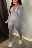 Grey Fashion Casual Solid Slit Zipper Collar Long Sleeve Two Pieces