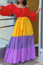 Red Casual Print Split Joint Off the Shoulder Cake Skirt Dresses