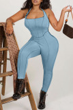 Light Blue Sexy Solid Patchwork Backless Halter Skinny Jumpsuits