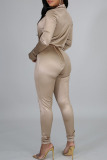Khaki Sexy Solid Patchwork Turndown Collar Long Sleeve Two Pieces