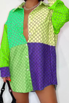 Green Casual Print Split Joint Turndown Collar Shirt Dress Dresses