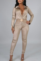 Khaki Sexy Solid Split Joint Turndown Collar Long Sleeve Two Pieces