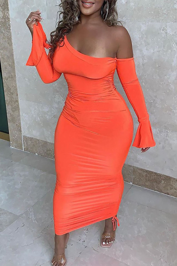 Tangerine Sexy Solid Patchwork Asymmetrical Oblique Collar Pencil Skirt Dresses
