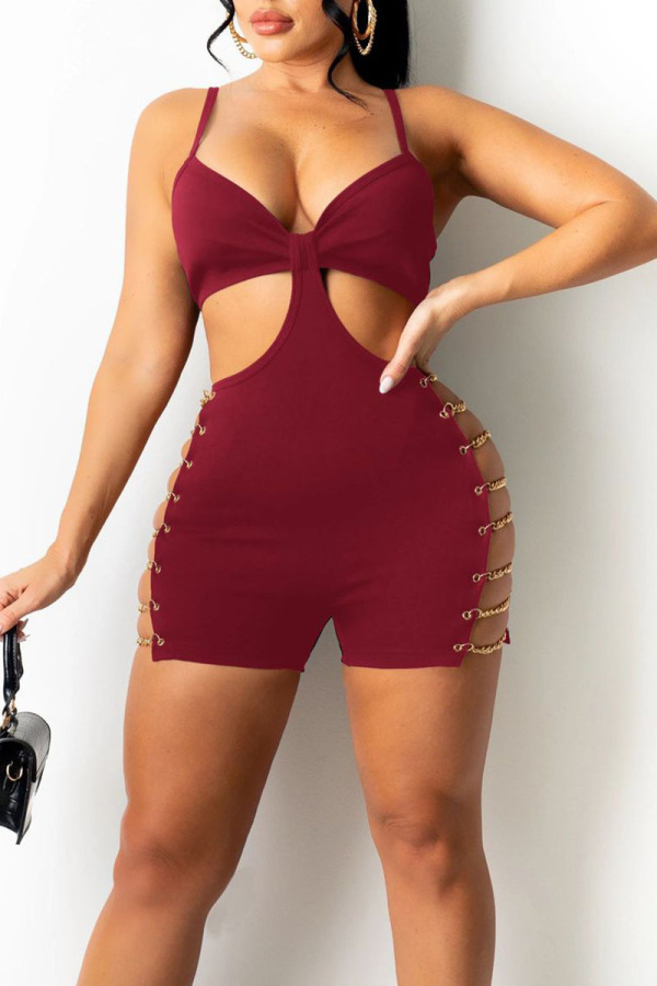 Burgundy Sexy Solid Hollowed Out Patchwork Chains Zipper Spaghetti Strap Skinny Jumpsuits
