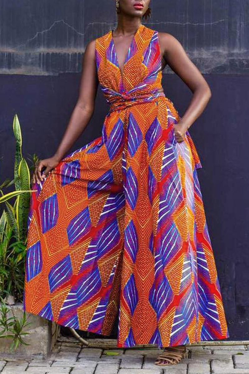 

Tangerine Red Casual Print Split Joint V Neck Loose Jumpsuits