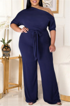 Dark Blue Fashion Casual Solid Backless With Belt Oblique Collar Plus Size Jumpsuits