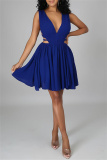 Blue Sexy Casual Solid Hollowed Out Backless V Neck Sleeveless Dress