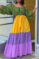 Green Casual Print Split Joint Off the Shoulder Cake Skirt Dresses