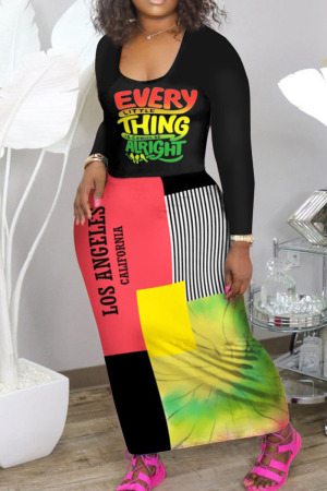 Red Yellow Casual Print Patchwork U Neck Long Sleeve Dresses