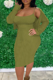 Green Casual Solid Patchwork Spaghetti Strap Long Sleeve Two Pieces