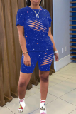 Blue Sexy Print Ripped O Neck Short Sleeve Two Pieces