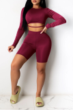 Burgundy Sexy Patchwork O Neck Long Sleeve Two Pieces
