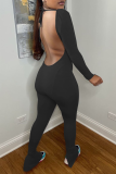 Grey Sexy Solid Backless Square Collar Skinny Jumpsuits